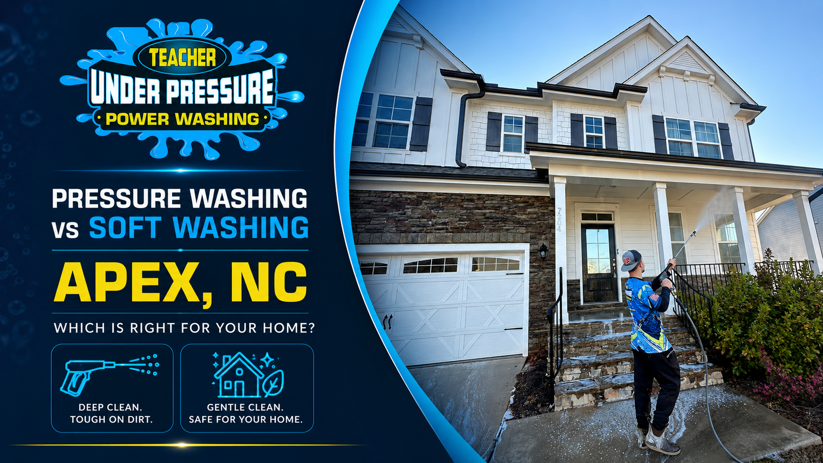 Pressure washing vs soft washing in Apex NC with Teacher Under Pressure Power Washing cleaning an Apex home