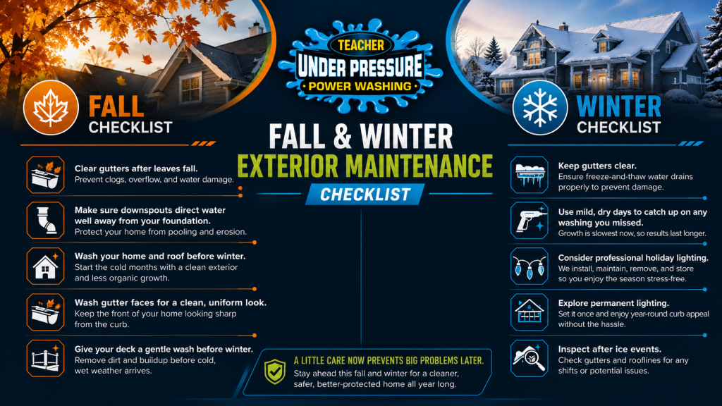 Fall and winter exterior maintenance checklist showing gutter cleaning, downspout checks, house and roof washing, deck cleaning, freeze protection, exterior washing, holiday lighting, and post-ice inspections in Apex, NC