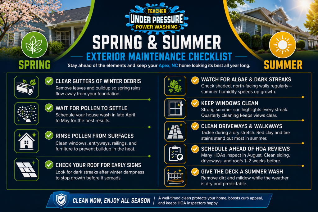 Spring and summer exterior maintenance checklist showing gutter cleaning, pollen removal, house washing, roof checks, algae prevention, window cleaning, driveway cleaning, HOA preparation, and deck washing in Apex, NC