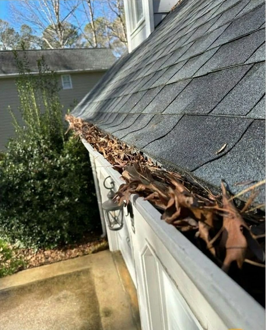 Clogged gutter full of leaves and debris — before cleaning
