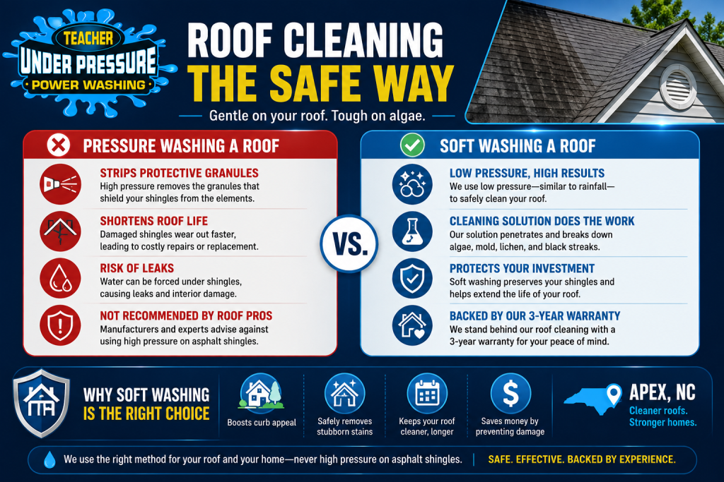 Infographic showing why asphalt shingle roofs should be soft washed instead of pressure washed to prevent roof damage in Apex, NC.